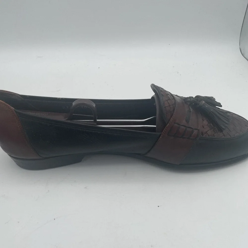 Bragano Mens Shoes Size 10M Black Brown Leather Full Strap Woven‎ Tassel Loafers